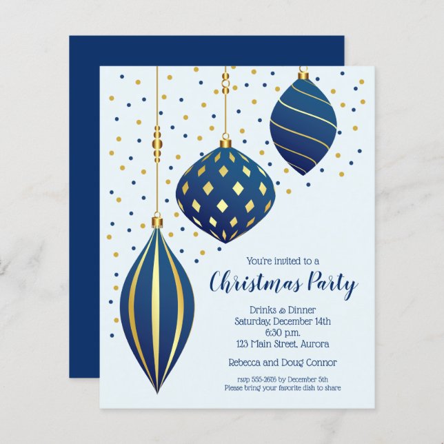 Gold Blue Christmas Ornaments Budget Invitations (Front/Back)