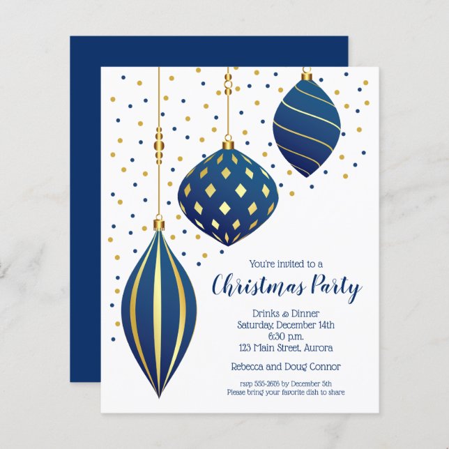 Gold Blue Christmas Ornaments Budget Invitations (Front/Back)