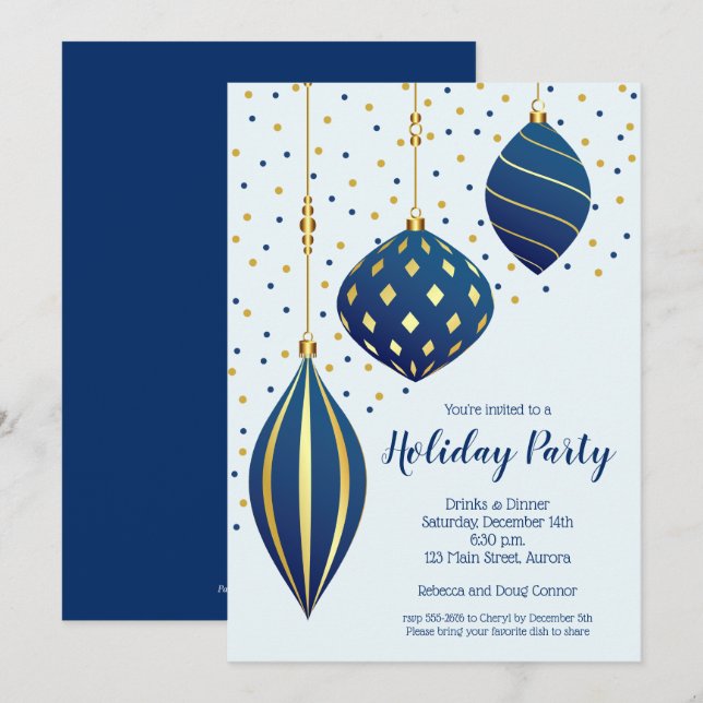 Gold Blue Christmas Ornaments Holiday Invitations (Front/Back)