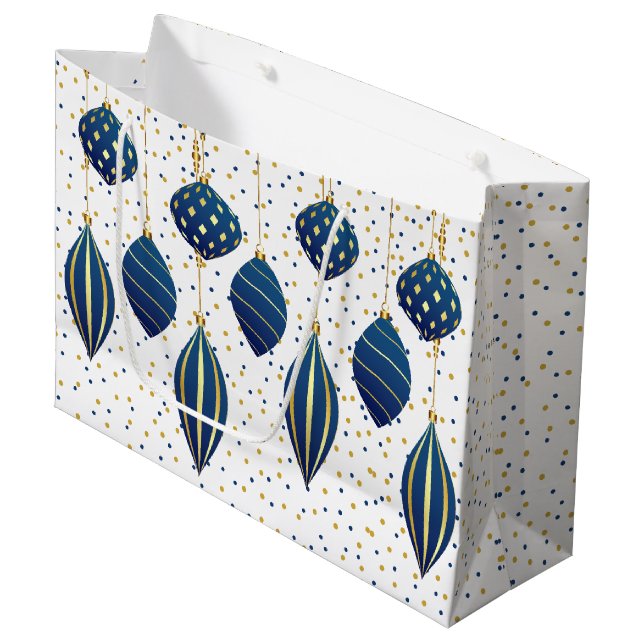 Gold Blue Christmas Ornaments Large Gift Bag (Front Angled)