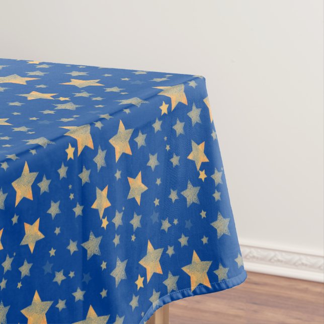 Gold Blue Christmas Stars Cheerful Vintage Bright Tablecloth (In Situ)