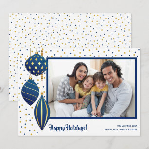 Gold Blue Christmas Tree Ornaments Photo Holiday Card