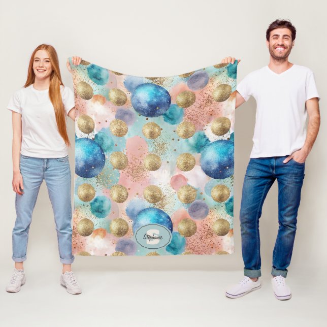Gold & Blue Circle Pattern with Glitter Accents Fleece Blanket (In Situ)