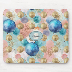 Gold & Blue Circle Pattern with Glitter Accents Mouse Mat