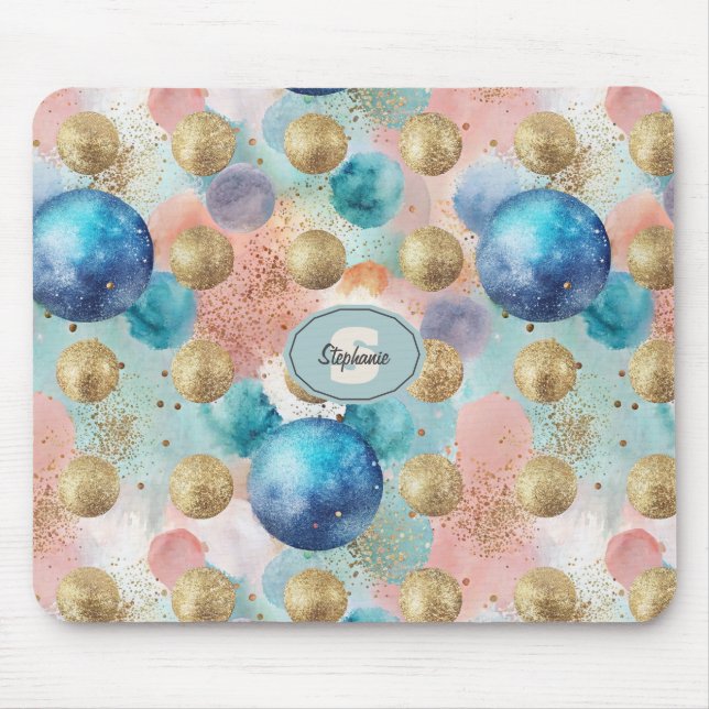 Gold & Blue Circle Pattern with Glitter Accents Mouse Mat (Front)
