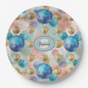 Gold & Blue Circle Pattern with Glitter Accents Paper Plate