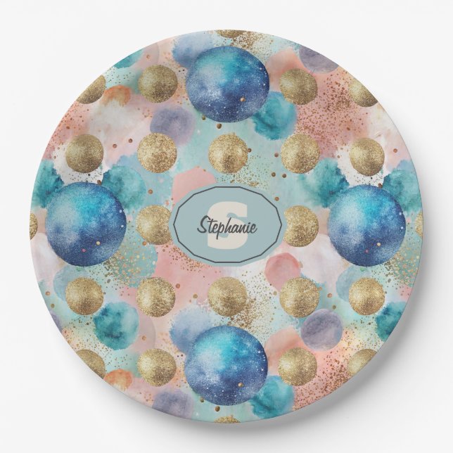Gold & Blue Circle Pattern with Glitter Accents Paper Plate (Front)