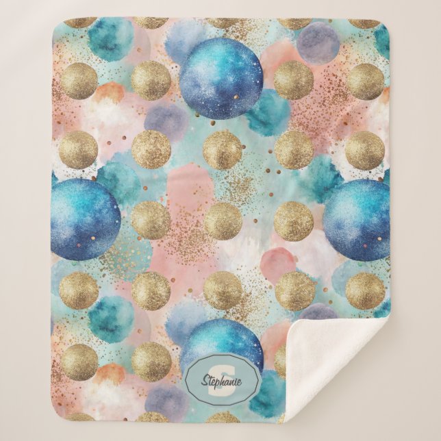 Gold & Blue Circle Pattern with Glitter Accents Sherpa Blanket (Front)