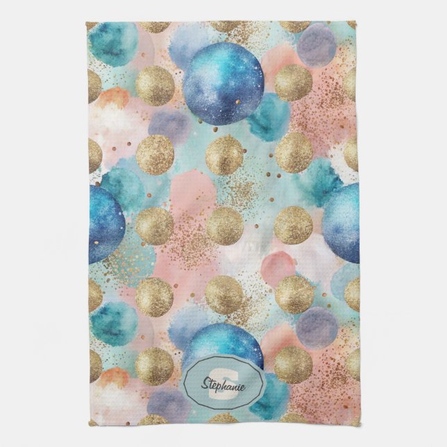 Gold & Blue Circle Pattern with Glitter Accents Tea Towel (Vertical)
