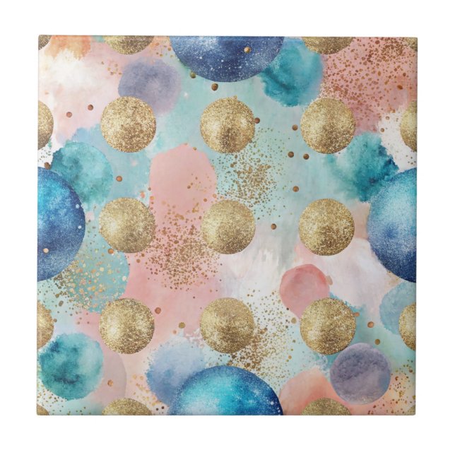 Gold & Blue Circle Pattern with Glitter Accents Tile (Front)