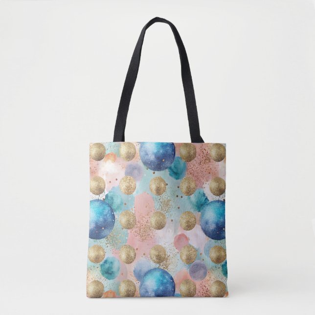Gold & Blue Circle Pattern with Glitter Accents Tote Bag (Front)