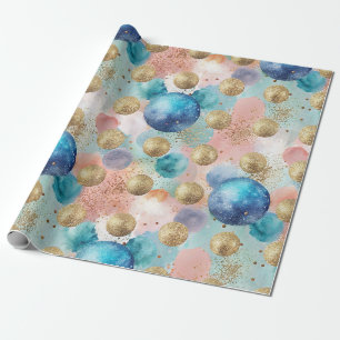 Gold & Blue Circle Pattern with Glitter Accents Wrapping Paper