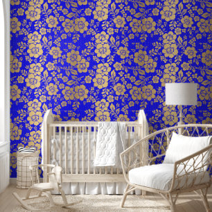 Gold blue colour floral flower peel and stick wallpaper