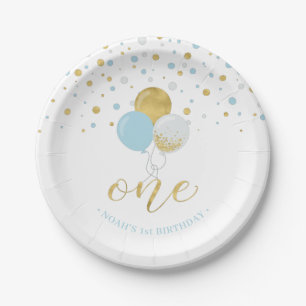Gold & Blue Confetti Balloons 1st Birthday Party Paper Plate