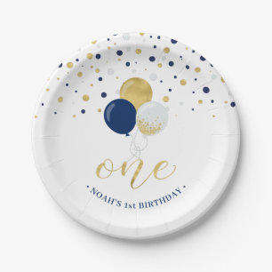 Gold & Blue Confetti Balloons 1st Birthday Party Paper Plate