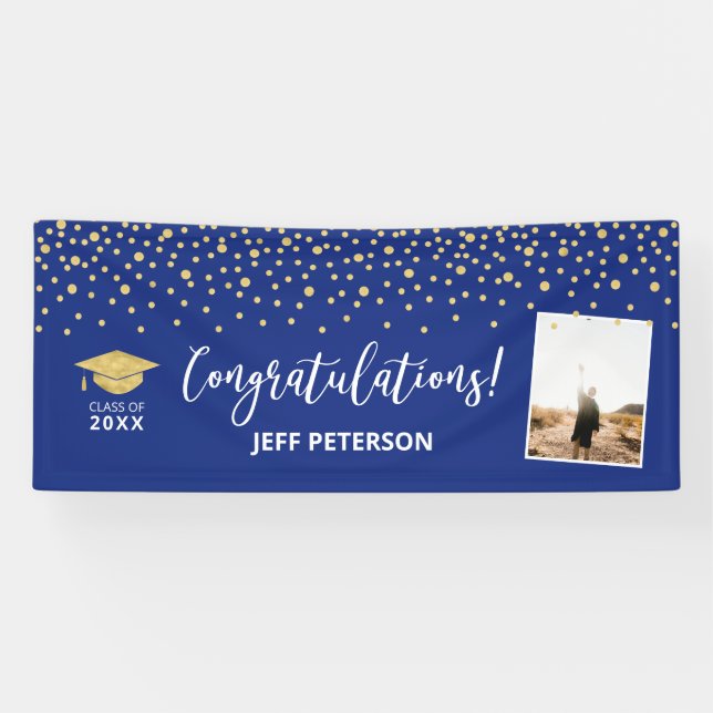 Gold & Blue Confetti Congratulation Graduation Banner (Horizontal)