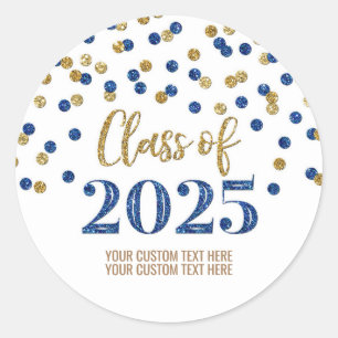 Gold Blue Confetti Graduation 2025 Classic Round Sticker