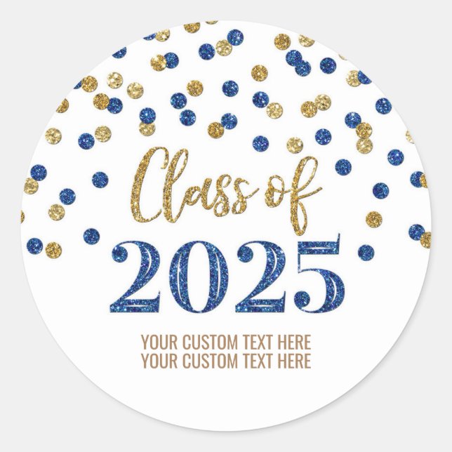 Gold Blue Confetti Graduation 2025 Classic Round Sticker (Front)