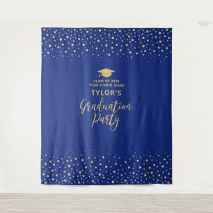 Gold & Blue Confetti Graduation Party Backdrop Tapestry