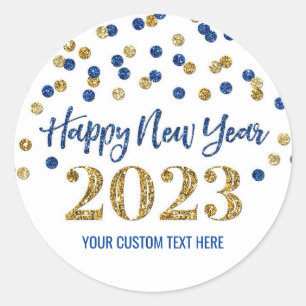 Gold Blue Confetti Happy New Year 2023 Classic Round Sticker