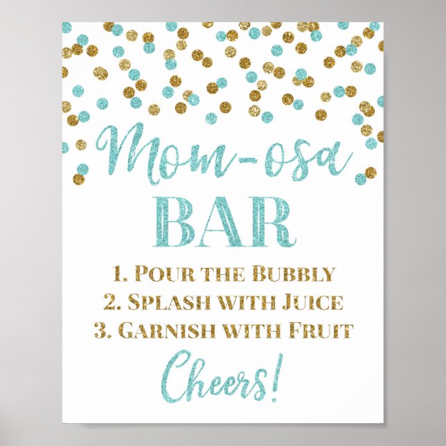 Gold Blue Confetti Mum-osa Bar Sign Baby Shower (Front)