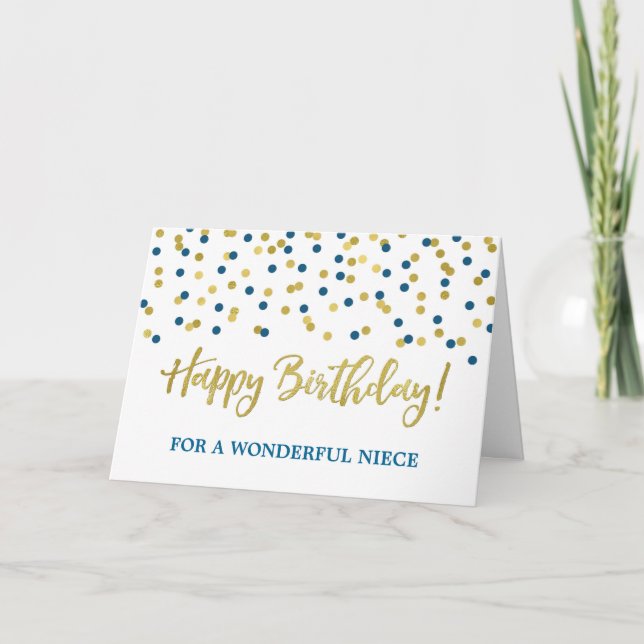 Gold Blue Confetti Niece Birthday Card (Front)