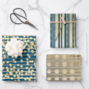 Gold blue confetti stripes elegant formal pattern wrapping paper sheet