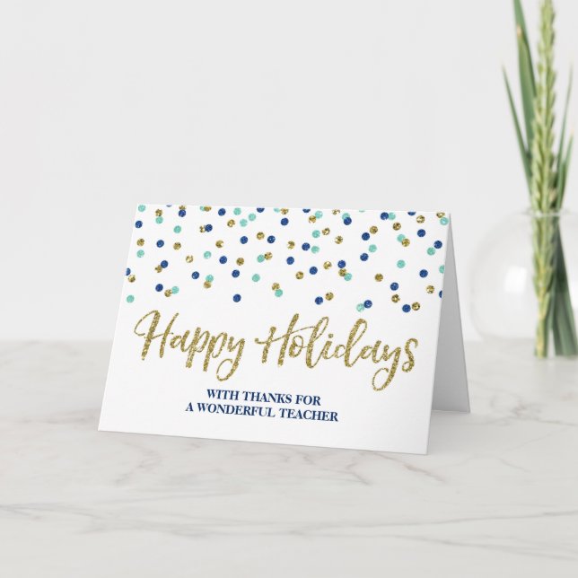 Gold Blue Confetti Teacher Christmas Card (Front)