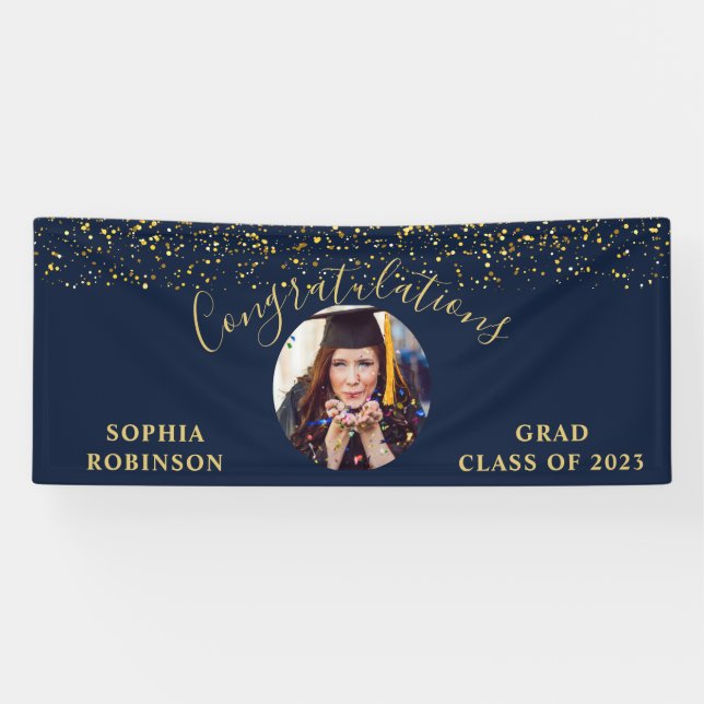 Gold Blue Custom Photo Graduation Party Banner (Horizontal)