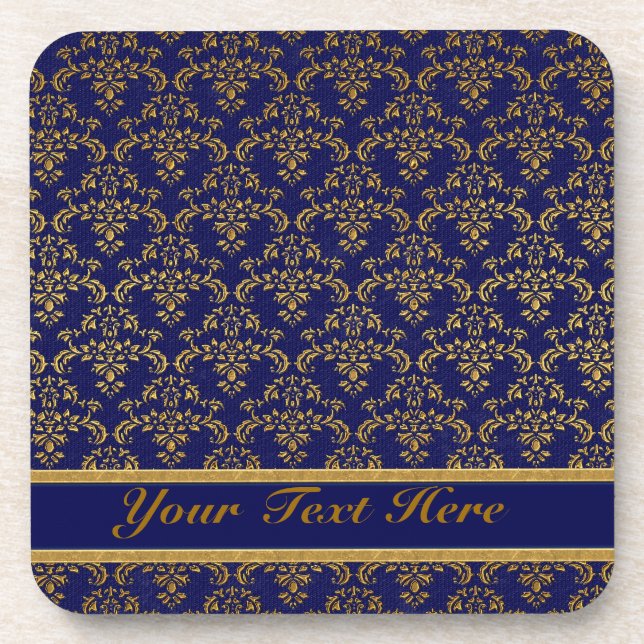 Gold & Blue Damask Pattern Coaster (Front)