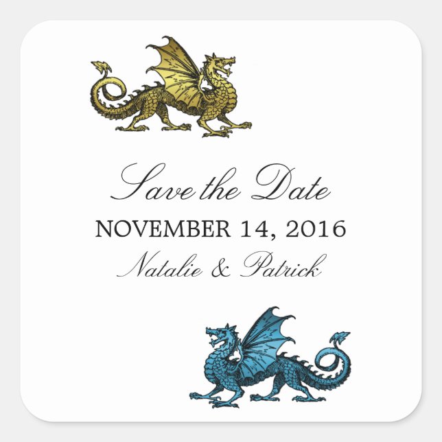 Gold Blue Dragon Save the Date Stickers (Front)