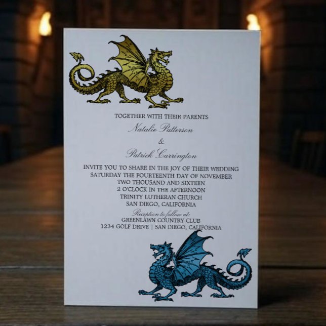 Gold Blue Dragon Wedding Invite (Gold Blue Medieval Dragon Wedding Invite)
