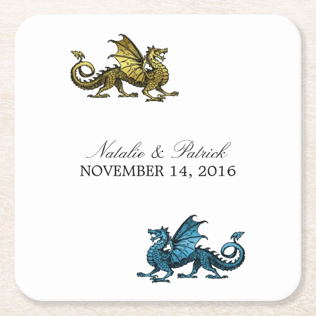 Gold Blue Dragon Wedding Paper Coasters (Front)