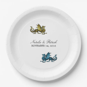 Gold Blue Dragon Wedding Paper Plates