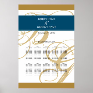 Gold Blue Elegant Monogram Wedding Seating Chart