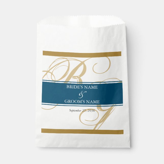 Gold Blue Elegant Script Monogram Wedding Favour Bags (Front)