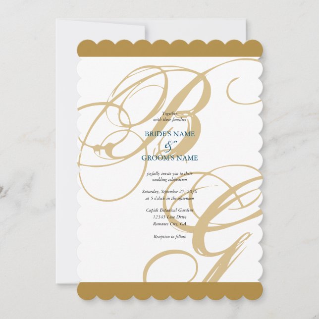 Gold Blue Elegant Script Monogram Wedding  Invitation (Front)