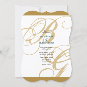 Gold Blue Elegant Script Monogram Wedding Invitation