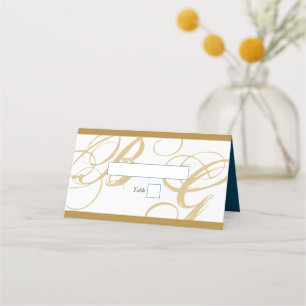 Gold Blue Elegant Script Monogram Wedding  Place Card