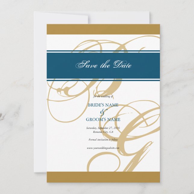 Gold Blue Elegant Script Monogram Wedding  Save The Date (Front)