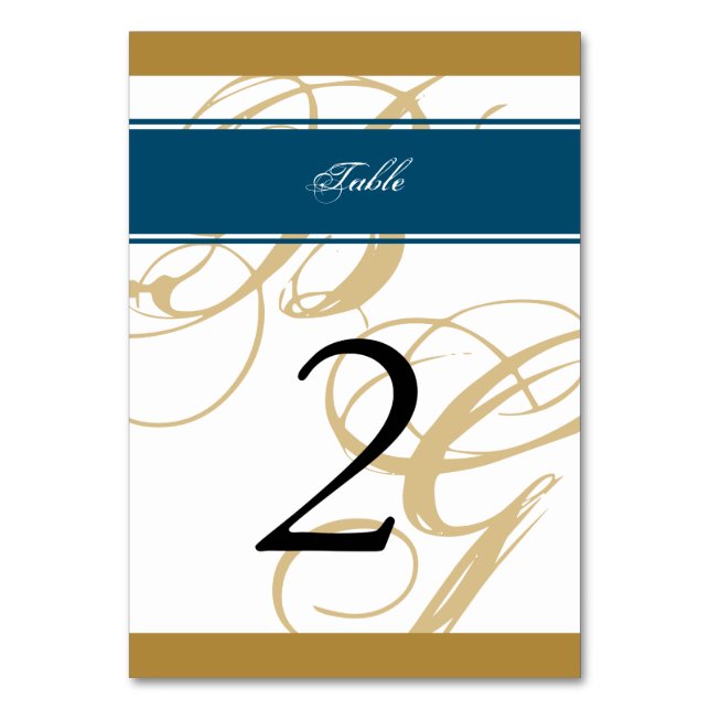 Gold Blue Elegant Script Monogram Wedding   Table Number (Front)