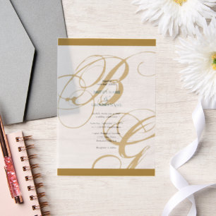 Gold Blue Elegant Script Monogram Wedding Vellum Invitations