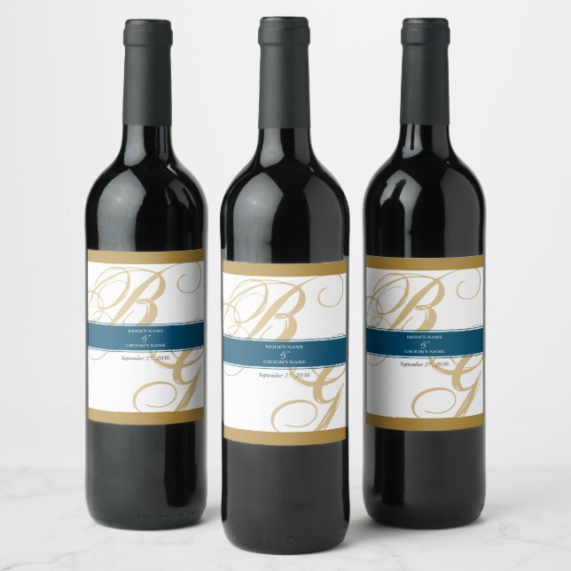 Gold Blue Elegant Script Monogram Wedding  Wine Label (Bottles)