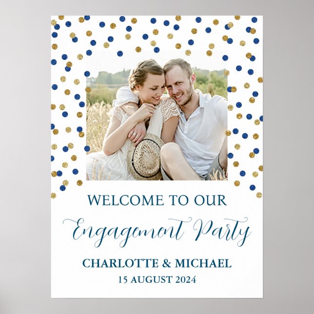 Gold Blue Engagement Party Custom 18x24 Photo Poster (Front)
