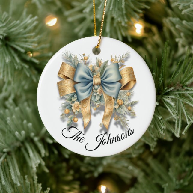 Gold & Blue Festive Bow Design - Custom Ceramic Tree Decoration (Tree)