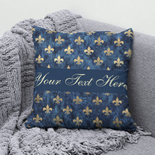 Gold Blue Fleur De Lis Add Your Text Throw Pillow