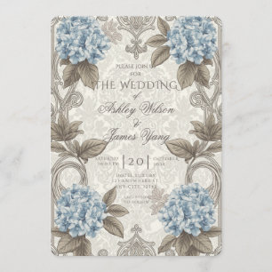 Gold Blue Floral Botanical Wedding Invitation