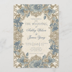Gold Blue Floral Botanical Wedding Invitation