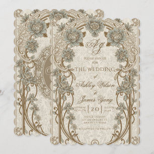 Gold Blue Floral Botanical Wedding Invitation
