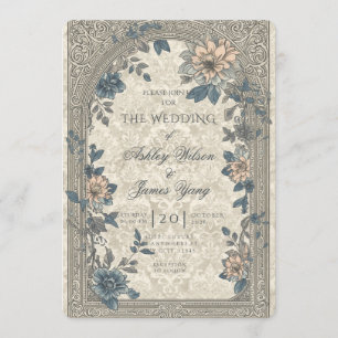 Gold Blue Floral Botanical Wedding Invitation